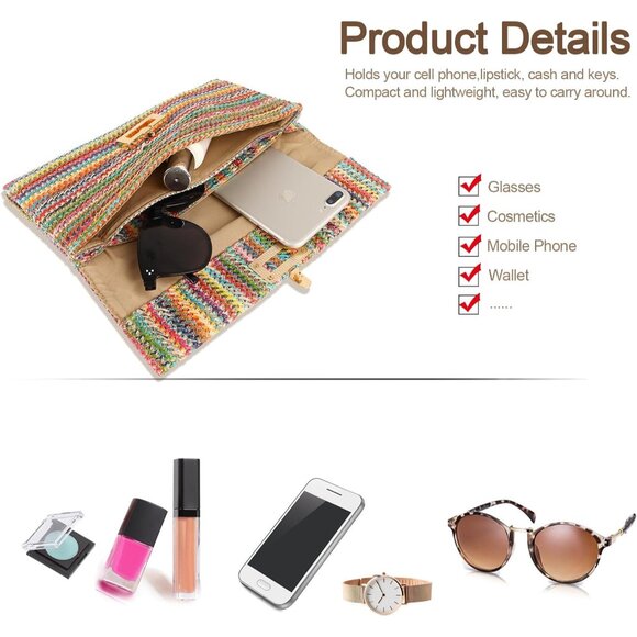 Straw Clutch Purse Crossbody Bag Women's Summer Beach Casual Handbag - Picture 3 of 8